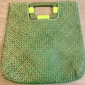Vintage Rosella Carrara Green Straw Tote Wood Handle Large Unused Perfect Condit